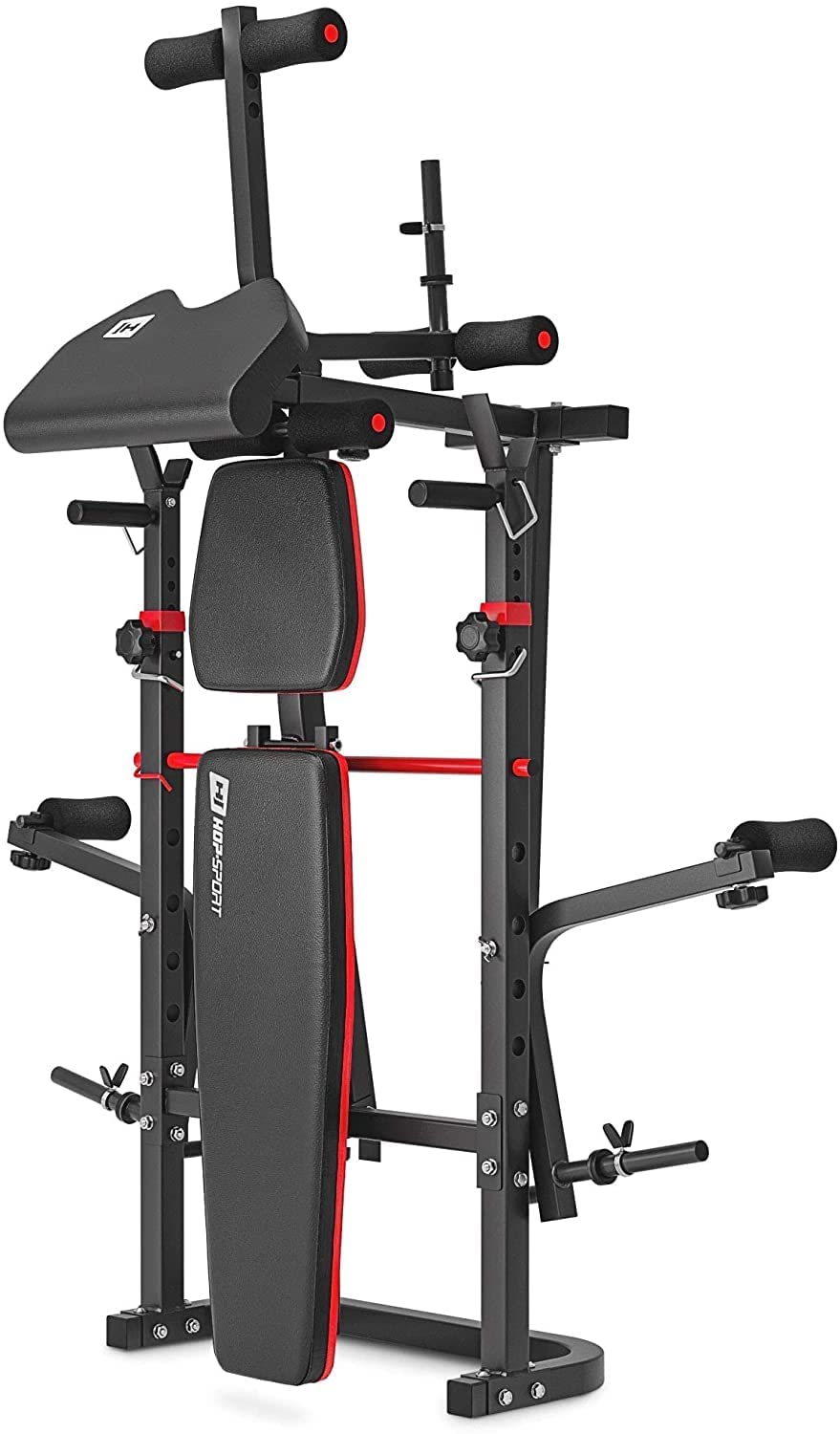 Hop-Sport Hantelbank, Multifunktionale klappbare Trainingsbank mit Langhantelständer, Latzugturm, Butterfly & Curlpult, für Krafttraining zuhause, 250 kg Max. Belastbarkeit der Hantelbank