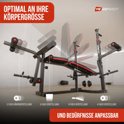 Hop-Sport Hantelbank, Multifunktionale klappbare Trainingsbank mit Langhantelständer, Latzugturm, Butterfly & Curlpult, für Krafttraining zuhause, 250 kg Max. Belastbarkeit der Hantelbank