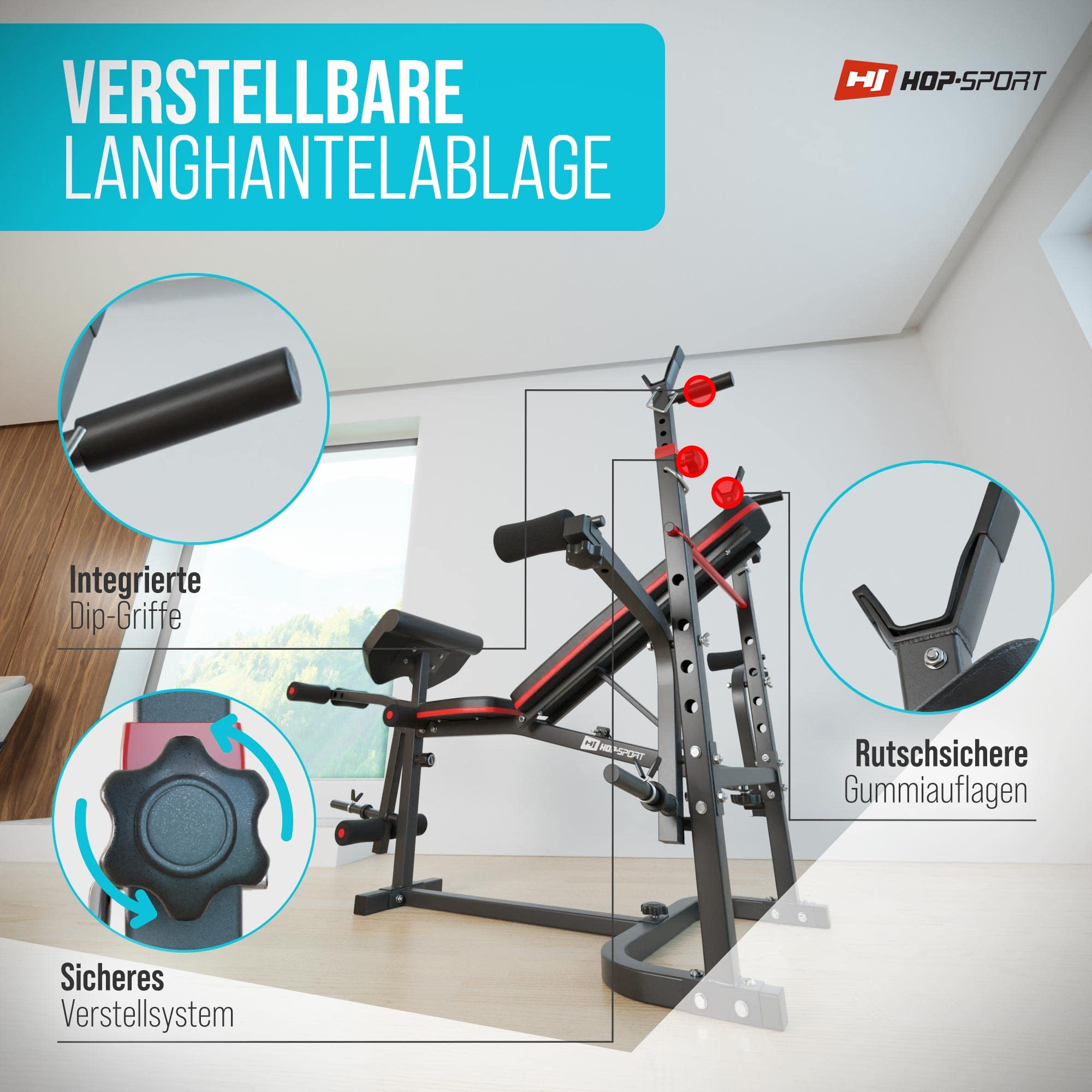 Hop-Sport Hantelbank, Multifunktionale klappbare Trainingsbank mit Langhantelständer, Latzugturm, Butterfly & Curlpult, für Krafttraining zuhause, 250 kg Max. Belastbarkeit der Hantelbank