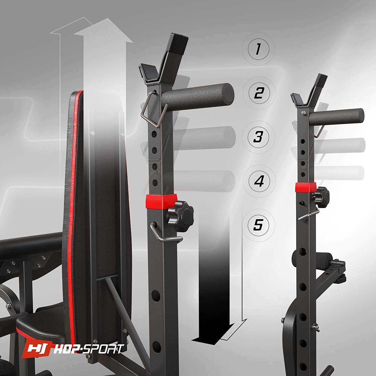 Hop-Sport Hantelbank, Multifunktionale klappbare Trainingsbank mit Langhantelständer, Latzugturm, Butterfly & Curlpult, für Krafttraining zuhause, 250 kg Max. Belastbarkeit der Hantelbank