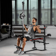 Hop-Sport Hantelbank, Multifunktionale klappbare Trainingsbank mit Langhantelständer, Latzugturm, Butterfly & Curlpult, für Krafttraining zuhause, 250 kg Max. Belastbarkeit der Hantelbank