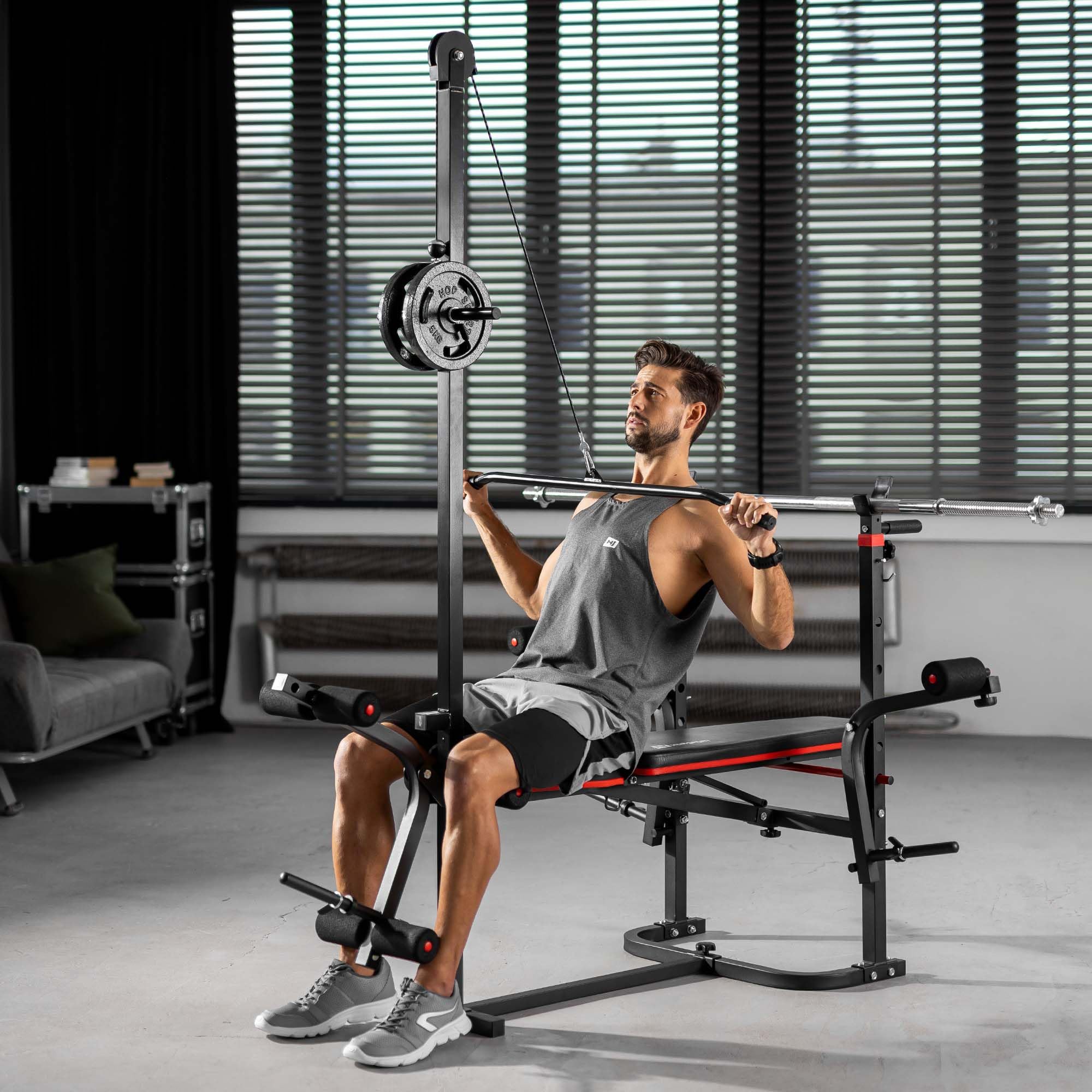 Hop-Sport Hantelbank, Multifunktionale klappbare Trainingsbank mit Langhantelständer, Latzugturm, Butterfly & Curlpult, für Krafttraining zuhause, 250 kg Max. Belastbarkeit der Hantelbank