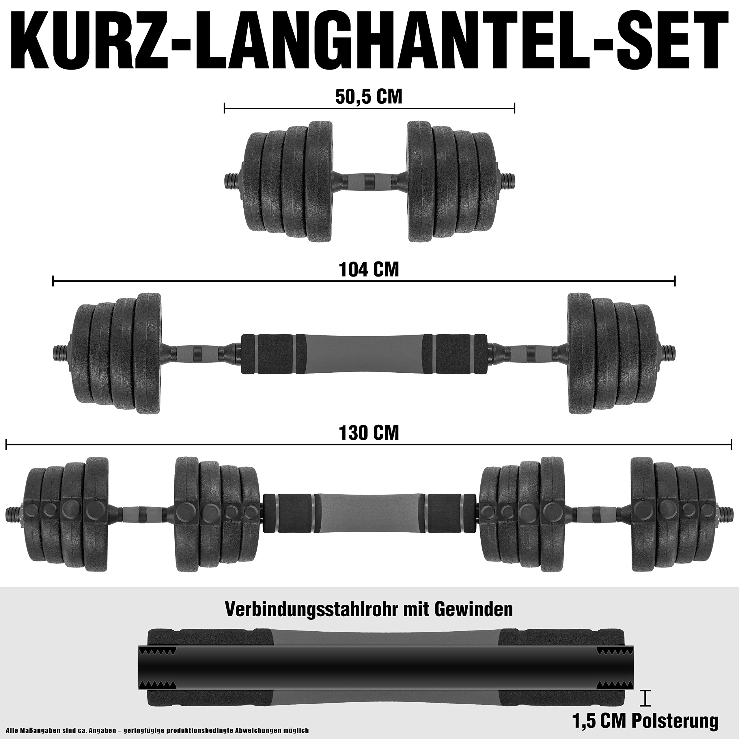 C.P. Sports 2in1 Kurzhantel & Langhantel Set 30kg / 40kg | Hantelscheiben – Gewichte – Hantelstangen | verstellbare Hanteln – Hantelset für Krafttraining, Fitness, Home Gym (silber-schwarz – 40kg Set)