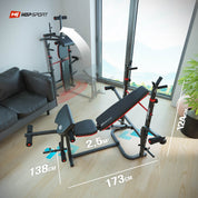 Hop-Sport Hantelbank, Multifunktionale klappbare Trainingsbank mit Langhantelständer, Latzugturm, Butterfly & Curlpult, für Krafttraining zuhause, 250 kg Max. Belastbarkeit der Hantelbank