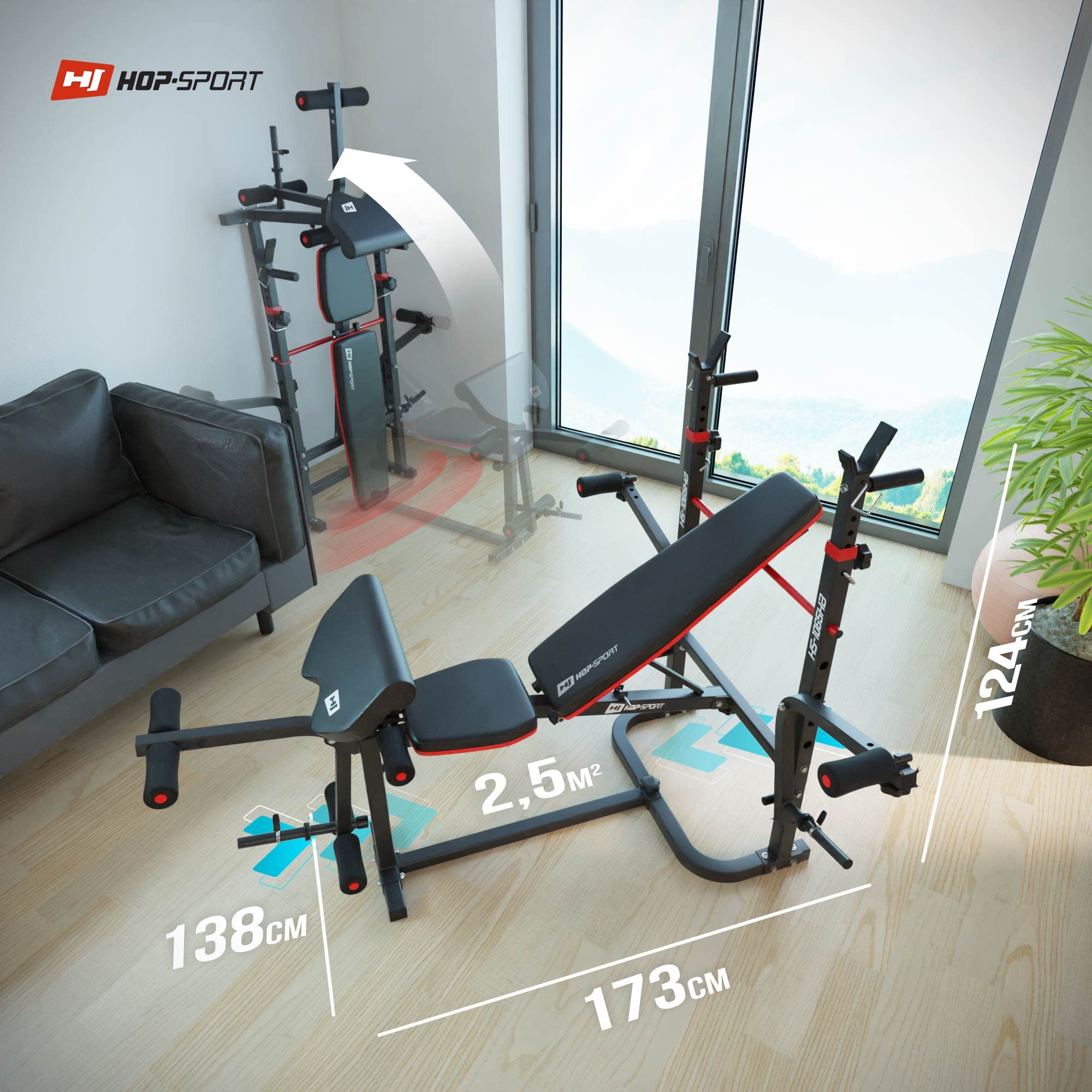 Hop-Sport Hantelbank, Multifunktionale klappbare Trainingsbank mit Langhantelständer, Latzugturm, Butterfly & Curlpult, für Krafttraining zuhause, 250 kg Max. Belastbarkeit der Hantelbank