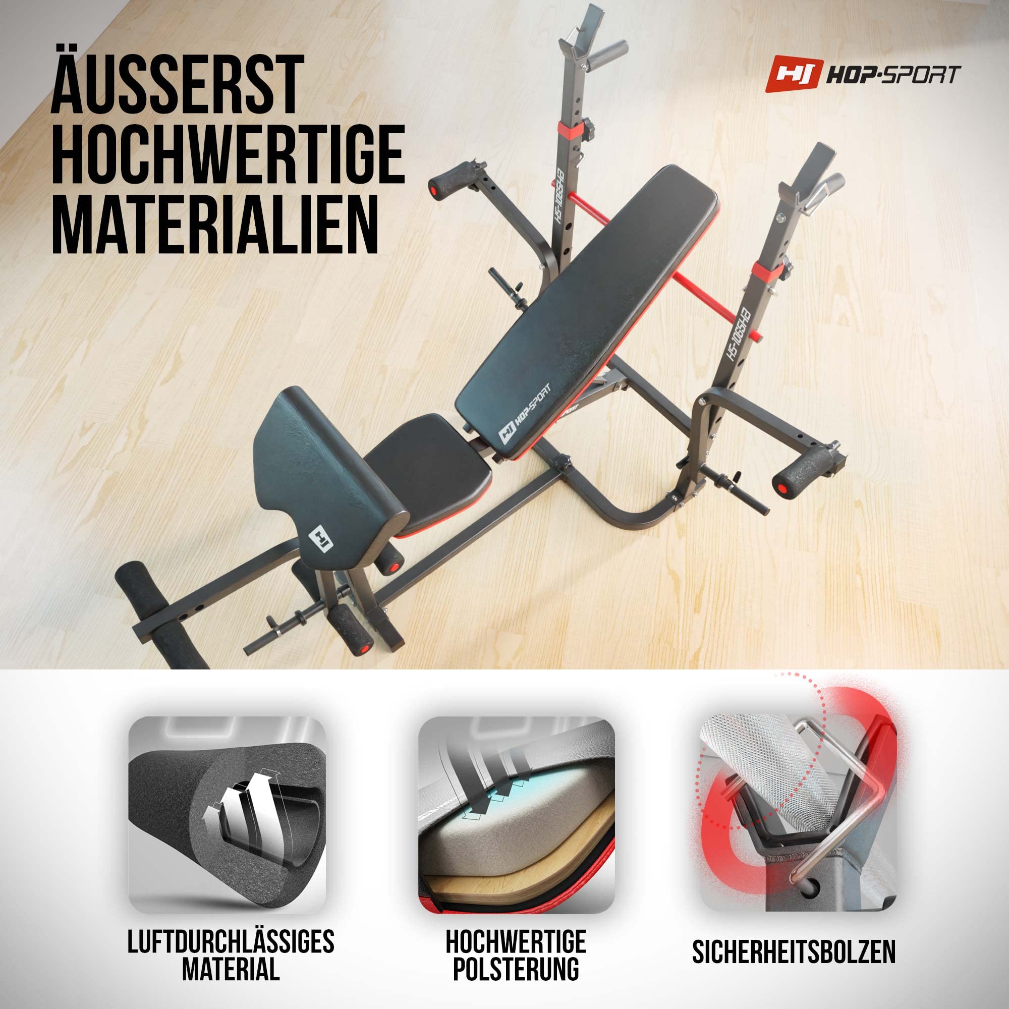 Hop-Sport Hantelbank, Multifunktionale klappbare Trainingsbank mit Langhantelständer, Latzugturm, Butterfly & Curlpult, für Krafttraining zuhause, 250 kg Max. Belastbarkeit der Hantelbank