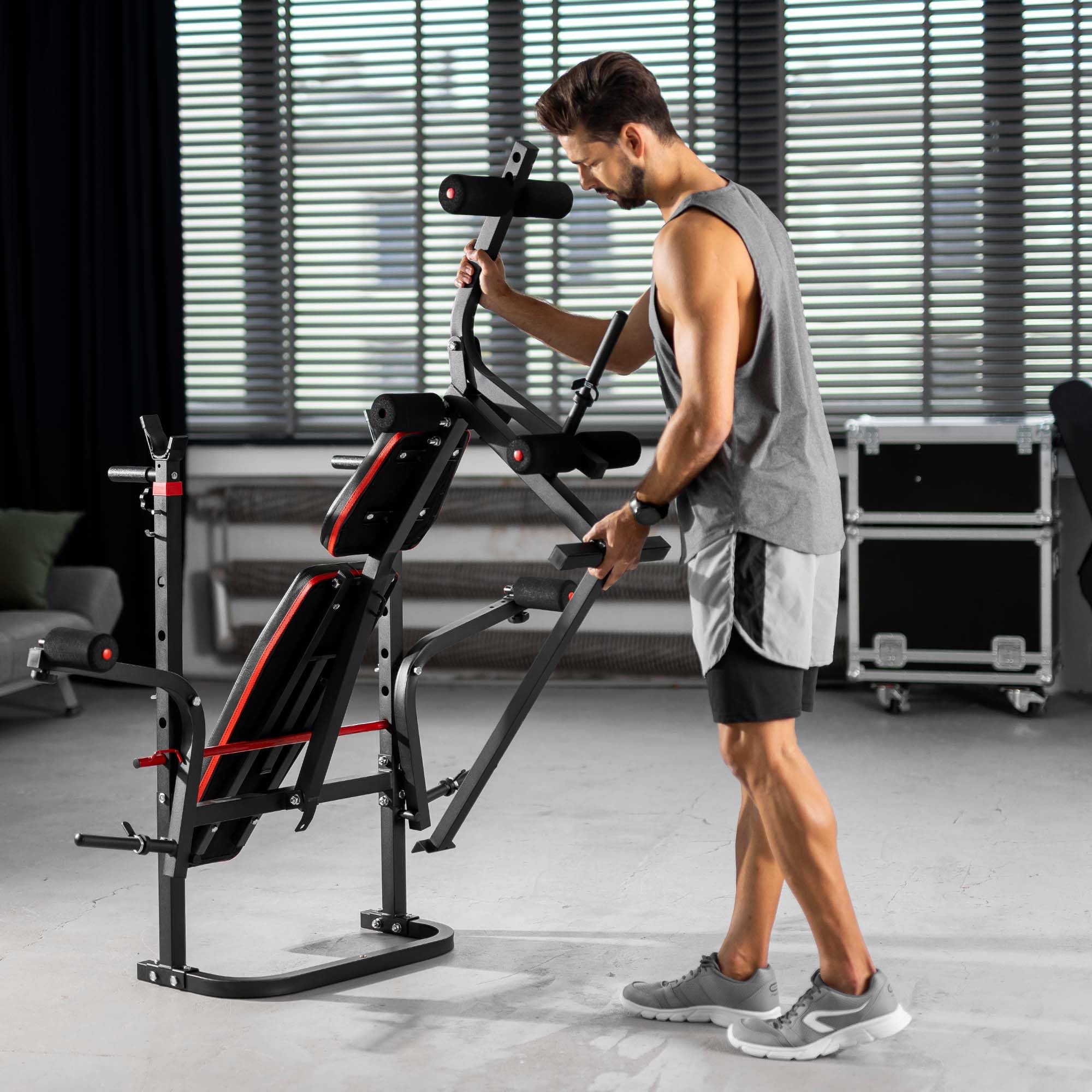 Hop-Sport Hantelbank, Multifunktionale klappbare Trainingsbank mit Langhantelständer, Latzugturm, Butterfly & Curlpult, für Krafttraining zuhause, 250 kg Max. Belastbarkeit der Hantelbank