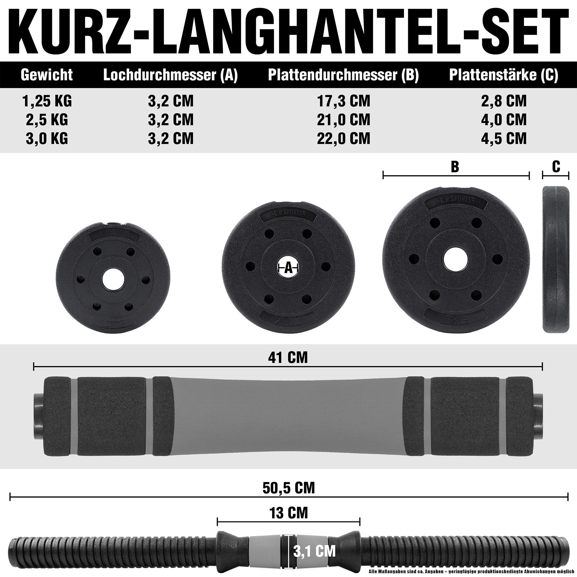 C.P. Sports 2in1 Kurzhantel & Langhantel Set 30kg / 40kg | Hantelscheiben – Gewichte – Hantelstangen | verstellbare Hanteln – Hantelset für Krafttraining, Fitness, Home Gym (silber-schwarz – 40kg Set)
