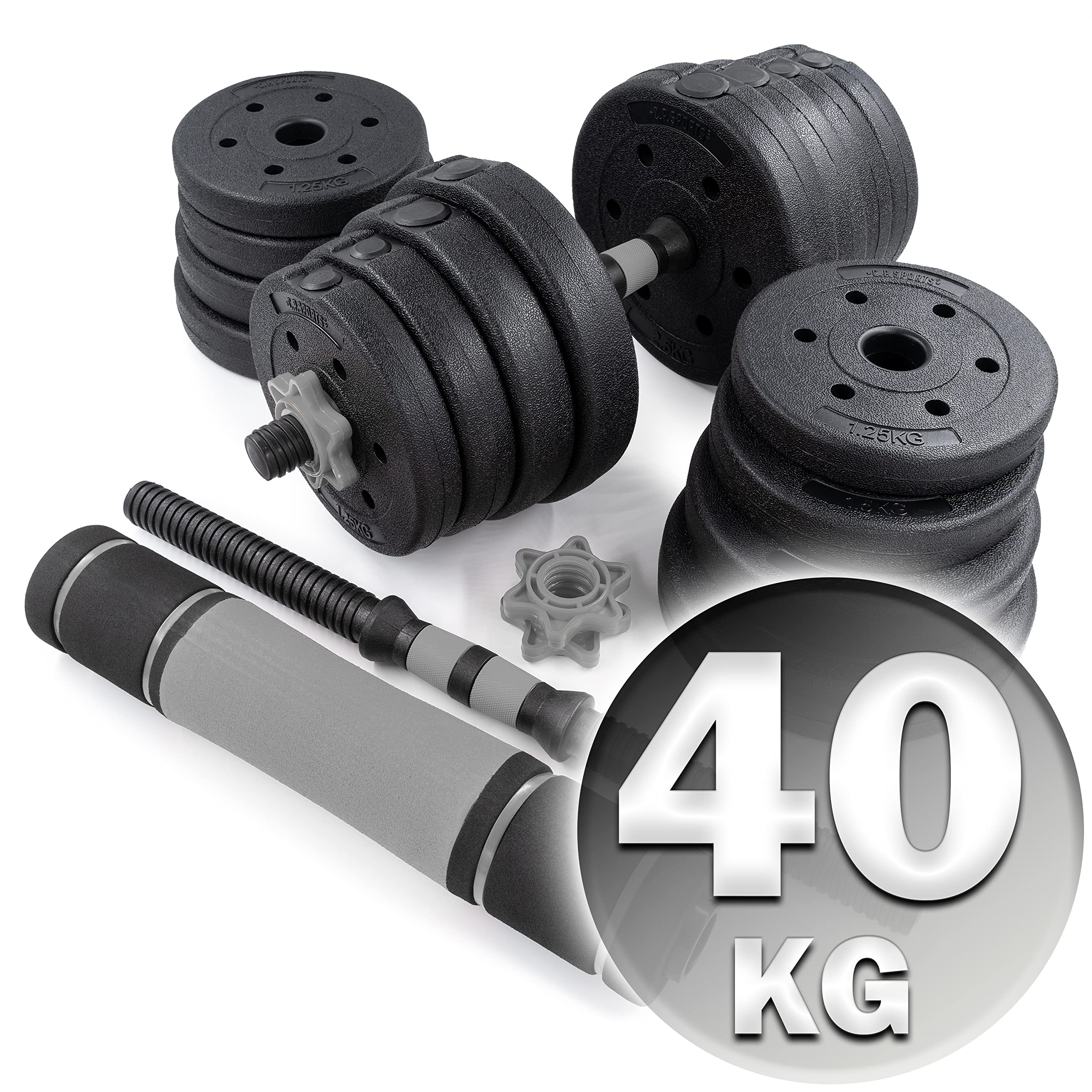 C.P. Sports 2in1 Kurzhantel & Langhantel Set 30kg / 40kg | Hantelscheiben – Gewichte – Hantelstangen | verstellbare Hanteln – Hantelset für Krafttraining, Fitness, Home Gym (silber-schwarz – 40kg Set)