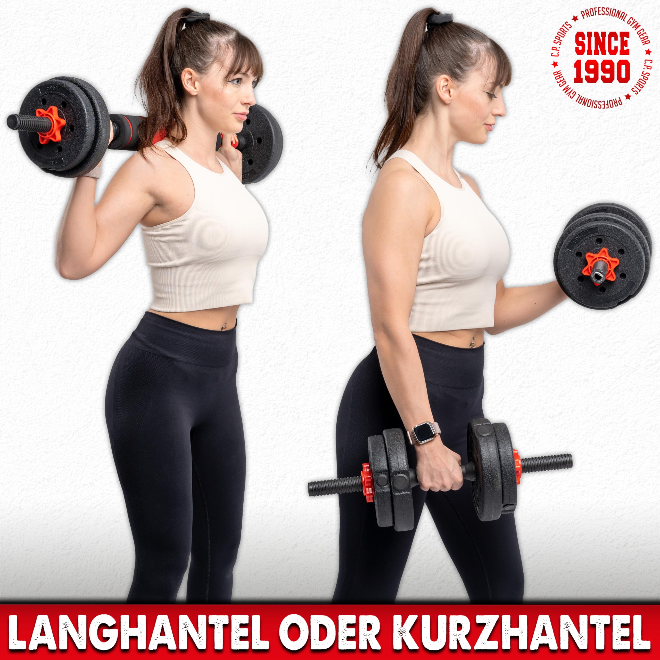C.P. Sports 2in1 Kurzhantel & Langhantel Set 30kg / 40kg | Hantelscheiben – Gewichte – Hantelstangen | verstellbare Hanteln – Hantelset für Krafttraining, Fitness, Home Gym (silber-schwarz – 40kg Set)