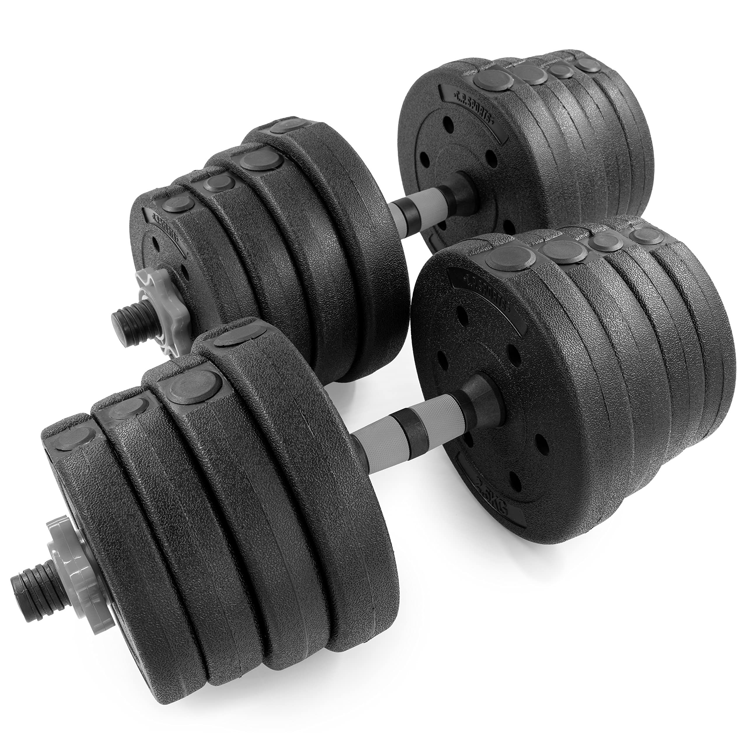C.P. Sports 2in1 Kurzhantel & Langhantel Set 30kg / 40kg | Hantelscheiben – Gewichte – Hantelstangen | verstellbare Hanteln – Hantelset für Krafttraining, Fitness, Home Gym (silber-schwarz – 40kg Set)