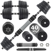 C.P. Sports 2in1 Kurzhantel & Langhantel Set 30kg / 40kg | Hantelscheiben – Gewichte – Hantelstangen | verstellbare Hanteln – Hantelset für Krafttraining, Fitness, Home Gym (silber-schwarz – 40kg Set)
