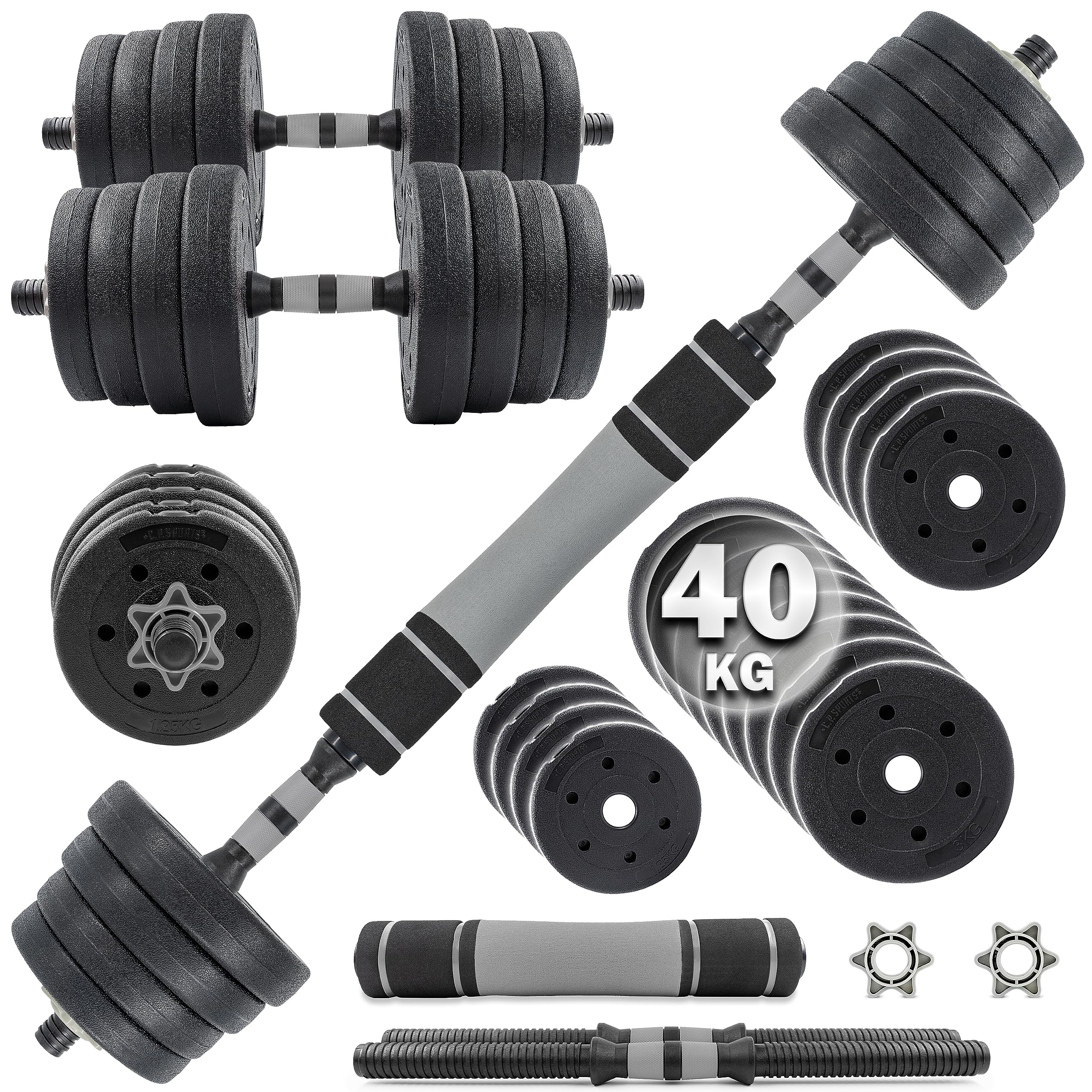 C.P. Sports 2in1 Kurzhantel & Langhantel Set 30kg / 40kg | Hantelscheiben – Gewichte – Hantelstangen | verstellbare Hanteln – Hantelset für Krafttraining, Fitness, Home Gym (silber-schwarz – 40kg Set)